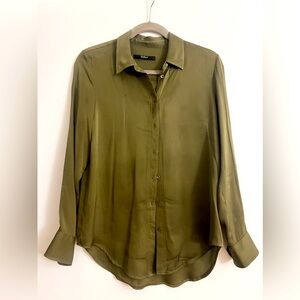 Quince Washable Stretch Silk Blouse Olive Green Size S Very Good Condition